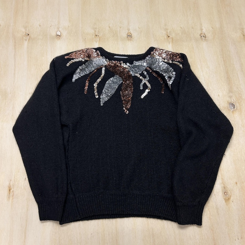 Vintage Donagain Sweater Womens Med Black Sequin Embellished Crew Neck Pullover